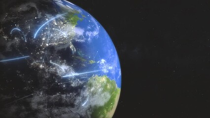 Visualization digital communication network of earth space view, 5G 6G transmitter signals are exchanged, sent and forwarded among countries - Powered by Adobe