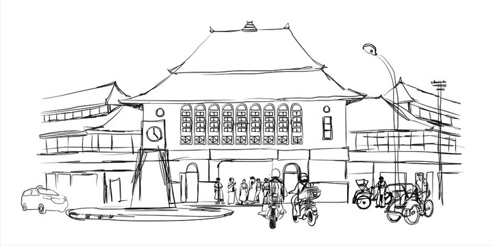 Freehand sketch of Pasar Gede, Solo, Central Java, Indonesia. vector illustration