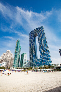 Dubai, UAE - April 22, 2022: Address Jumeirah Resort, Sandy Beach, Vertical Frame.