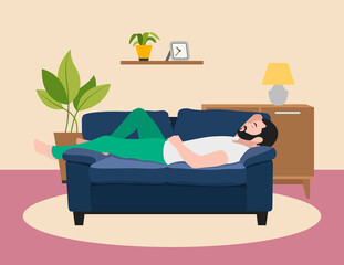 The man sleeps on the couch. The man is resting. Flat design. Vector illustration
