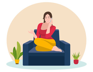 Woman sitting on a chair and talking on the phone. Flat design. Vector illustration