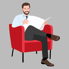 A man in a suit sits in a chair and reads a newspaper. Flat design. Vector illustration