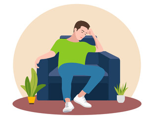 The man is sitting thoughtfully in a chair. Flat design. Vector illustration