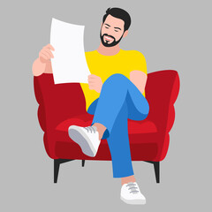 A man is sitting in a chair reading a newspaper. Flat design. Vector illustration