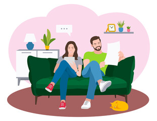 Man and woman at home sitting on the couch and reading. Flat design. Vector illustration