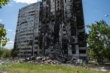 War in Ukraine 2022. Destroyed, bombed and burned residential building after Russian missiles in Kharkiv Ukraine. Famous building on Natalia Uzhviy street. Russian attack. Russia is bombing Ukraine
