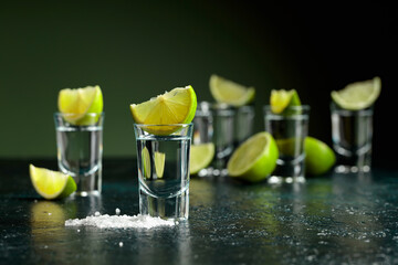 Tequila shots with lime slices and sea salt.