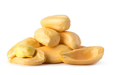 heap of jackfruit flesh with seeds, tropical health beneficial fruit native to southeast asia, isolated on white background © Shamil