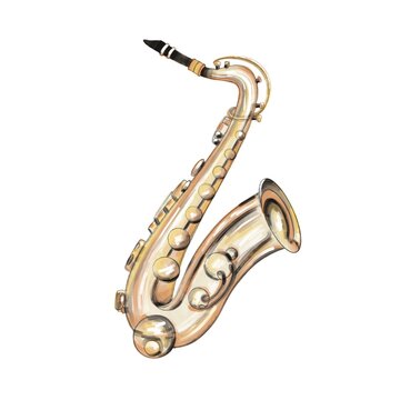 saxophone isolated on white background. Illustration of a saxophone in a watercolor style. Sketch of a saxophone in color for postcards, posters, logos.