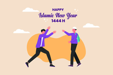 Fototapeta na wymiar Happy Muslim young people and with their friends celebrate the Islamic New Year. Happy Islamic New Year 1444 H. Flat vector illustration isolated.