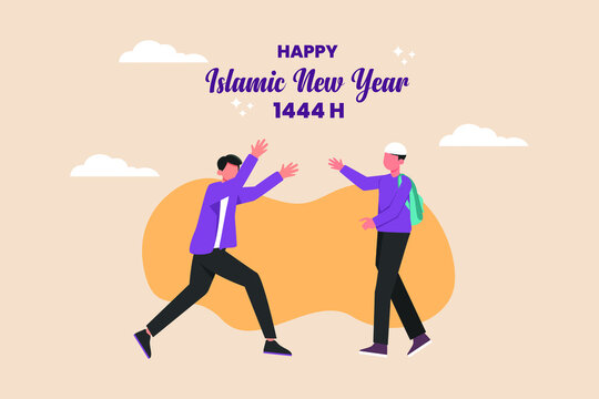 Happy Muslim young people and with their friends celebrate the Islamic New Year. Happy Islamic New Year 1444 H. Flat vector illustration isolated.