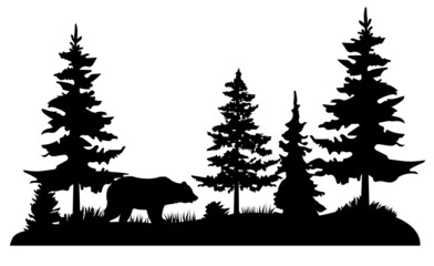 Vector Bear in the Pine Forest.