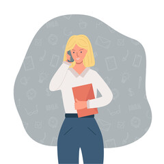 A business girl is talking on the phone and holding a folder with documents in her hands. Vector illustration of an office worker.