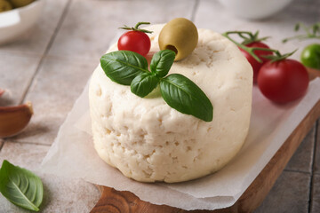 Ricotta cheese. Homemade Ricotta cheese with basil, garlic, tomatoes and green olives on parchment paperback and stand on old beige tiles background. Italian food. Selective focus.