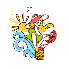 Cute girl crocheting on the beach. Summer knitting. Crochet hobby. Vector illustration.