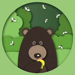 PAPER CUTOUT style illustration. Bear with bees, the bear eats honey. Postcard in colored paper style.