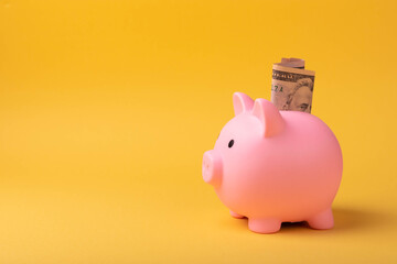 Piggy bank with dollars on a yellow background. Money saving concept. currency savings. Copyright....