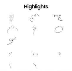 Swish doodle underlines set. Hand drew swoosh elements, calligraphy swirl or sport swoop text tails, Swash decorative strokes on white background, vector illustration