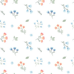 Seamless pattern with childish flowers on white background. Cute vector illustration with floral elements, for design, fabric and textiles.