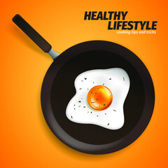 Pan with fried egg. Scrambled eggs. Cooking foods. Top view. Metallic utensil for frying. Roast meal. Cook tools. Fry product. Eggs Omelette. Fast food. EPS10 vector illustration.