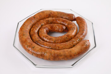 Local Northern Thai food , Northern Thai spicy sausage street food isolated in white background