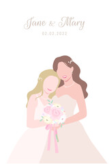 LGBTQ brides couple white dresses happily stands beside each other for their wedding ceremony invitation card flat vector characters on white background