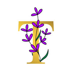 Gold and floral design alphabet T
