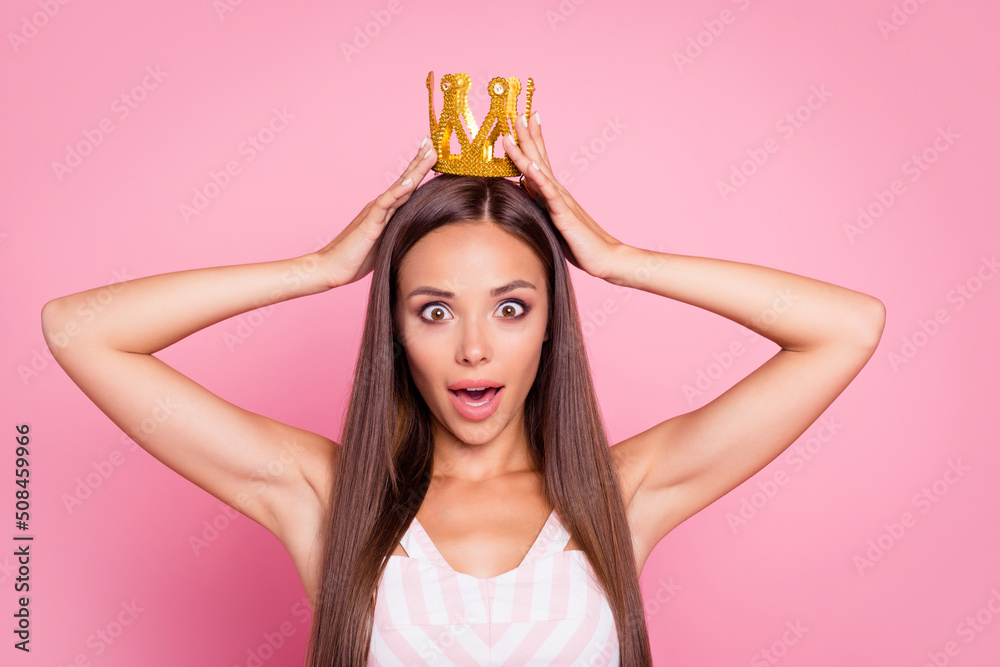 Sticker Photo of excited funky woman wear striped dress hands arms hair accessory open mouth isolated pink color background