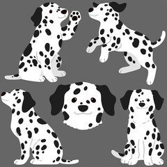 Set of flat colored cute and simple Dalmatian Dog illustrations