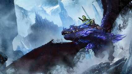Fototapety  A young orc warrior with a two-handed sword is flying on a huge shadow dragon with purple scales and crystals, darkness oozes from his body, behind an ice kingdom in rocks and snow. 3d rendering.