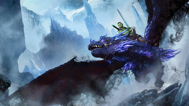 A young orc warrior with a two-handed sword is flying on a huge shadow dragon with purple scales and crystals, darkness oozes from his body, behind an ice kingdom in rocks and snow. 3d rendering.