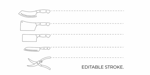 Chef knifes with cutting dotted line set. Editable stroke. Vector stock illustration isolated on white background for design packaging. 