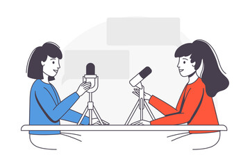 Podcast Recording with Young Woman with Microphone Broadcasting and Live Streaming Outline Vector Illustration