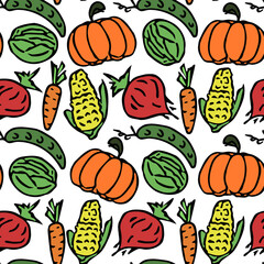 Seamless pattern with vegetables icons. Colored doodle vegetables pattern. Food background