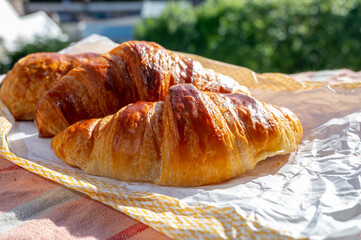 Two fresh baked butter croissants from French bakery