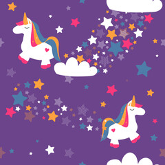 cute unicorn with many stars seamless background for fabric pattern
