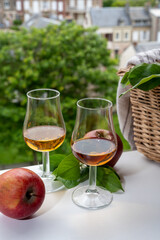 Tasting of strong alcoholic drink calvados made from apples in Normandy, Calvados region, France