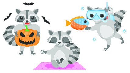Set Abstract Collection Flat Cartoon Different Animal Raccoons Meditating On The Carpet, Stands With A Pumpkin And Bats Around, Diver Vith Fish Vector Design Style Elements Fauna Wildlife