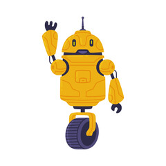 Metal Yellow Robot Machine with Wheel Waving Limb Greeting Vector Illustration