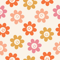 Seamless pattern with smiling daisies. Colorful flowers print for fabric, clothes, toys or home decor