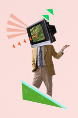 Contemporary art collage. Stylish man in a suit headed of retro TV set isolated over pink background. Information broadcast