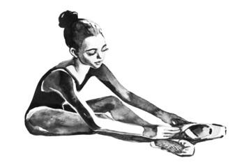 Watercolor young sitting ballerina and pointe. Hand drawn black and white illustration. Painting beautiful girl dancer on white background.