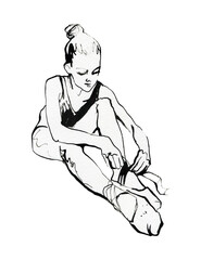 Watercolor young sitting ballerina and pointe. Sketching artistic illustration. Hand drawn beautiful girl dancer on white background.