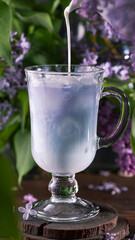 milkshake from anchang. Blue milkshake among lilac flowers.