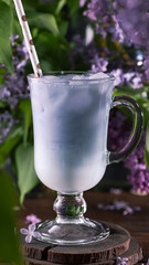 milkshake from anchang. Blue milkshake among lilac flowers.