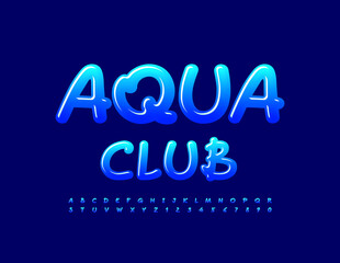 Vector creative logo Aqua Club. Glossy Handwritten Font. Gradient Blue Alphabet Letters and Numbers set. 