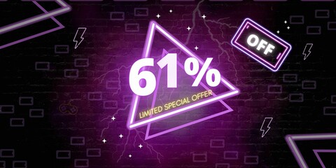 63% off limited special offer. Banner with sixty one percent discount on a black background with purple triangles neon