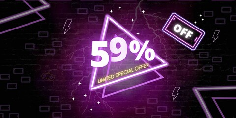 59% off limited special offer. Banner with fifty nine percent discount on a black background with purple triangles neon