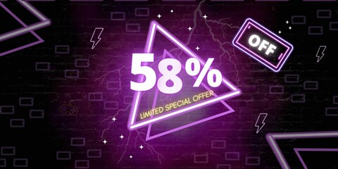 58% off limited special offer. Banner with fifty eight percent discount on a black background with purple triangles neon
