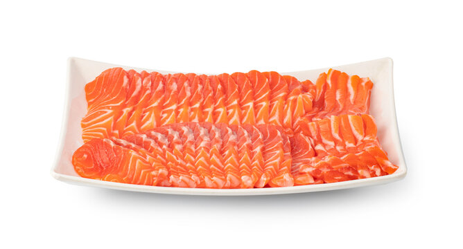 Fresh salmon sashimi on plate isolated on white background with Clipping Path. , Japanese food.